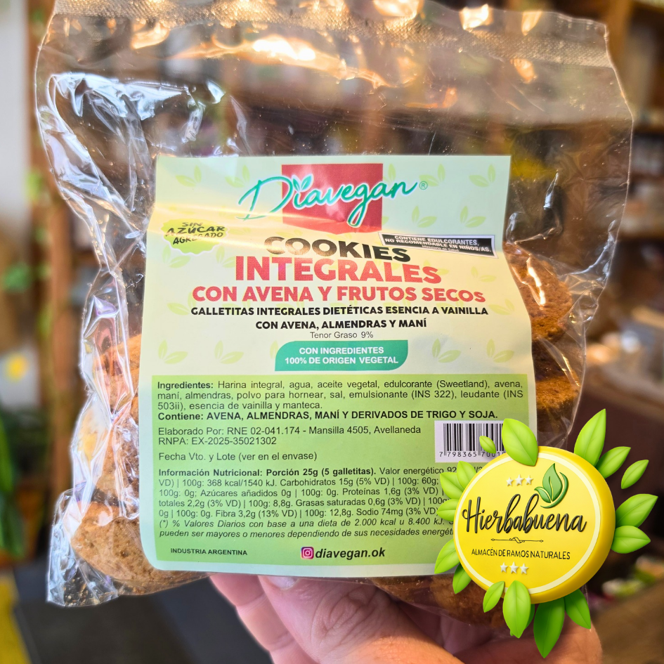 COOKIES INT. AVENA Y FRUTOS SECOS S//AZUCAR 150 GR. DIAVEGAN